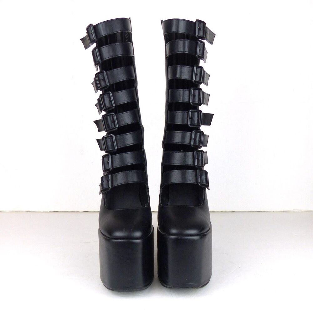 Widow Strappy Buckle Boots 6M Black Vegan Leather Gone Haywire Platform Gothic - Picture 6 of 16